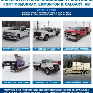 Unreserved Public Consignment Auction in Fort McMurray, Edmonton, & Calgary AB