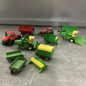 SMALL BOX OF CAST MINI TRACTORS, COMBINES, IMPLEMENTS, WAGONS