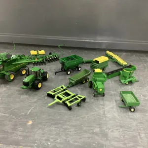 SMALL BOX OF MINI JD TRACTORS, COMBINE, WAGONS, BALER, SPRAYER, IMPLEMENTS