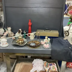 BOX OF MISC COLLECTIBLE ITEMS - WOOL "NAVY" PANTS, OLD CASE W/ LIGHT BULBS,  CAT & DOG ORNAMENTS,  TOWEL HOLDER,