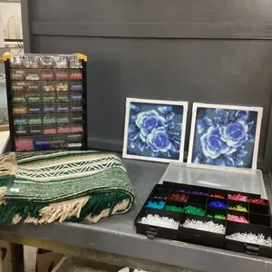 (2) PLASTIC ORGANIZERS FILLED W/ BEADS, DIAMOND ART PICTURES, RUG