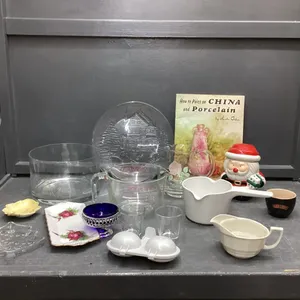 BOX OF GLASSWARE - PYREX MEASURING CUP, SMALL WATER PITCHER, TRIFLE BOWL, COBALT BLUE CONDIMENT DISH,