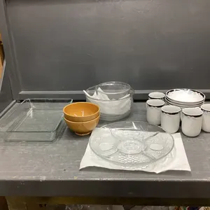 (2) BOXES W/ DISHES, GLASS MIXING BOWLS,, IKEA CAKE PAN