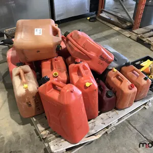 Assorted Gas/Jerry Cans w/ a Crate of Spouts
 UNRESERVED