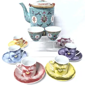 Bright Chinese Porcelain #06 Teapot with 2 #13 Cups + 12-Piece  Colorful Pansy Espresso Cups & Saucer Set by Classic Coffee & Tea