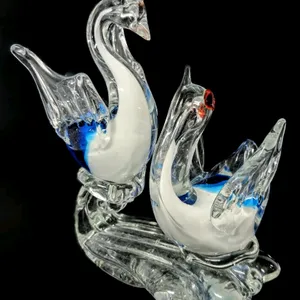 Stunning Art Glass Swans Waterfowl Atop Wave Paperweight - 6.5" Tall