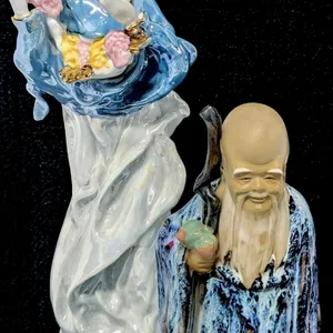 Signed Vintage 1981 Louise Hewitt Shou Lao Shouxing God of Longevity Clay Mudman Figurine 7.5" & Unsigned Iridescent Luster Porcelain Muse Figure 11.5"