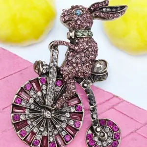 Elegant Cute Rabbit On Penny Farthing Bicycle Enamel Brooch Rhinestones  app 2 x 2.5<br/>