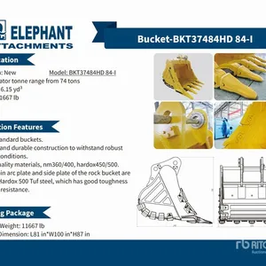 2025 Elephant BKT37484HD 84-I 84 in 6.15 cyd Digging Excavator Bucket - Fits Cat 374 / 74 ton (Unused)