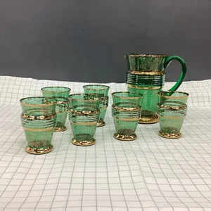VINTAGE GOLD SPECKLED WATER PITCHER AND (6) GLASSES