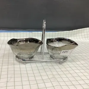 VINTAGE FLUTED GLASS CONDIMENT DISHES ON METAL CADDY
