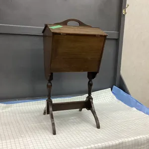 ANTIQUE SEWING BOX ON STAND W/ FOLD OUT TOP
