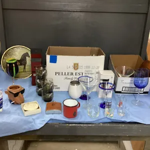 (2) BOXES W/ MISC BEVERAGE GLASSES, "ELEVATOR" DECANTER, FLASK, METAL TRAY WI HORSE DECOR