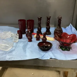 RUBY RED GLASSWARE  - FLUTED BOWL, CANDLESTICKS, GLASSES,