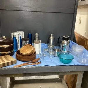 (2) BOXES W/ COFFEE CARAFE, WOOD SALAD BOWL SET, COFFEE GRINDER, WATER BOTTLES