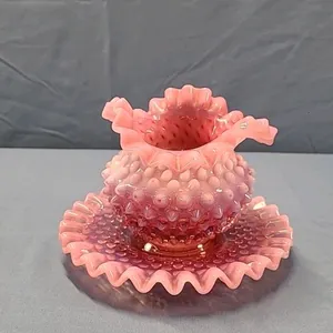 Opalescent Pink Hobnail Rose Bowl with Matching Saucer