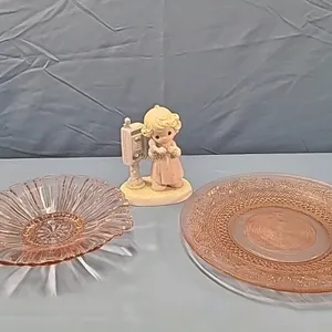 2 Pink Glass Plates and Precious Moments Figurine