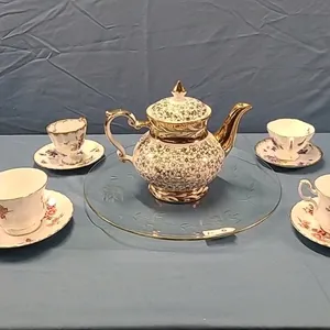 4 Cups & Saucers and Gibson's Tea Pot on a Glass Tray