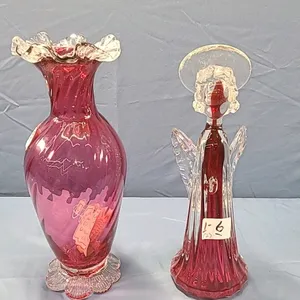 Rossi Glass Cranberry Glass Vase and Angel