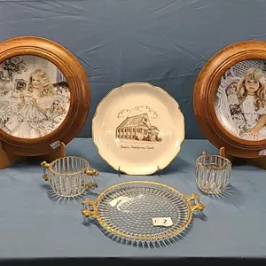 Glass Cream & Sugar on Tray and 3 Collectors Plates