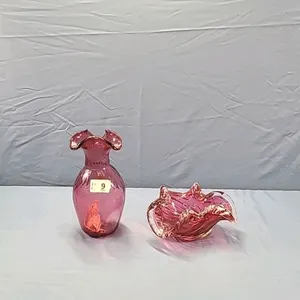 Rossi Glass Cranberry Glass Vase and Fluted Bowl