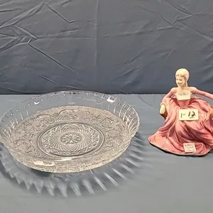 12" Glass Bowl & Coalport 'Polly' Figurine -Cracked