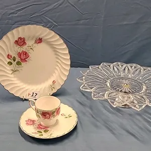Glass Pedestal Dessert Plate & 3 Johnson Bros. Dishes