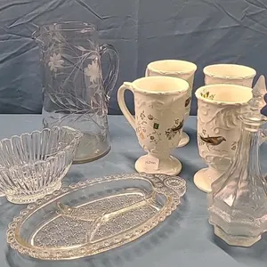 4 Mikasa Mugs, 9" Etched Glass Pitcher, 7" Vinegar Cruet etc.