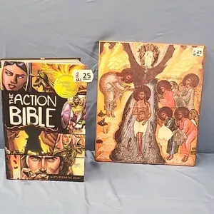 The Action Bible (746 Pages) and 10" x 12" Religious Plaque