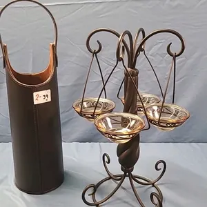 4 Drop Metal Candle Holder and Leather Wine Carrier