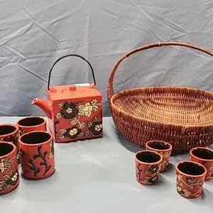 Basket with Oriental Style Tea Pot with 4 Large & 4 Small Cups