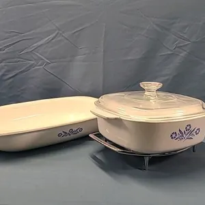 Corning Ware Casserole w/ Lid & Shallow Roast Pan w/Stand
