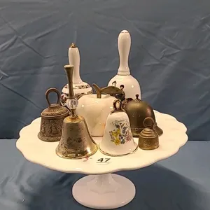11" Pedestal  Cake Stand with Assorted Metal & China Bells