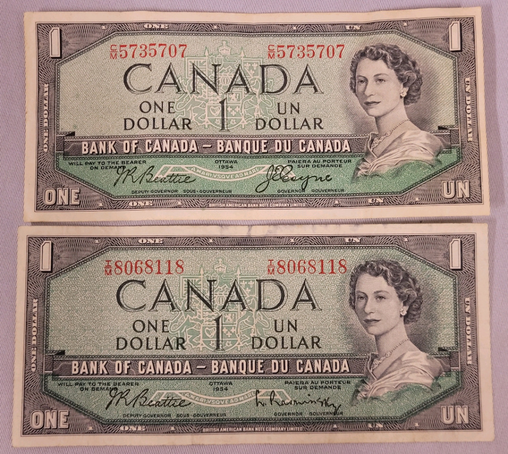 1954 Canadian One Dollar Bank Notes . Notes Have Been in Circulation,  some Bends or folds