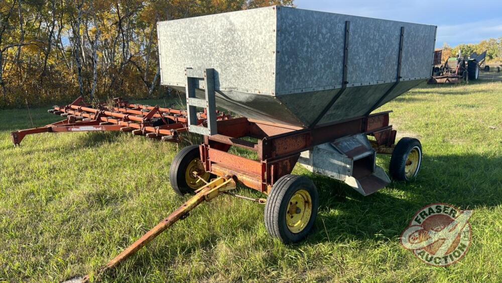 Galvanized Gravity Box on 4-Wheel Farm Wagon
