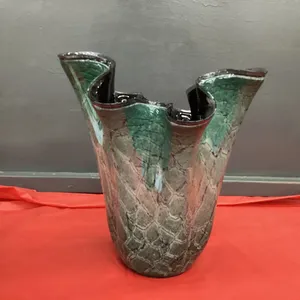 UNIQUE FLUTED GLASS VASE W/ LIGHT GREEN COLORS