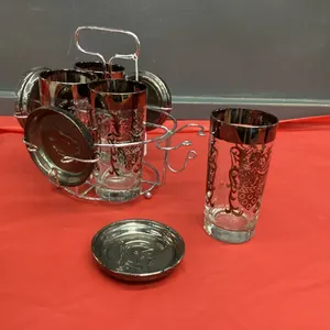 SILVER RIMMED GLASSES W/ COASTERS. ON CADDY