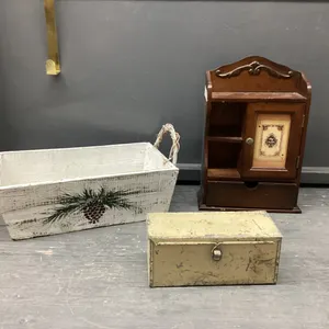 WOOD BOX W/HANDLES, SMALL WOOD CURIO CABINET, METAL BOX