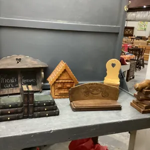 WOOD DECOR ITEMS - BOOK ENDS W/ DRAWERS,  "CABIN" W/ DRAWERS, SHELF W/ HOOKS &. CHALKBOARD, WOOD SHELF