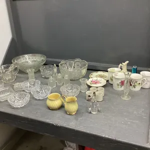 VINTAGE GLASSWARE - FRUIT BOWLS, SALT & PEPPER, BOWLS, VASES, MISC PLATES, SHOT GLASSES