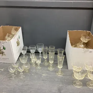 (2) BOXES GLASSWARE - CHAMPAGNE GLASSES, DESSERT BOWLS, BRANDY, WINE ETC