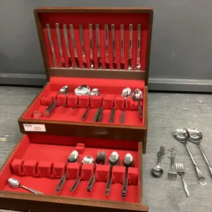 WOOD SILVERWARE CHEST W/ STAINLESS SILVERWARE - INCOMPLETE SET....MADE IN KOREA