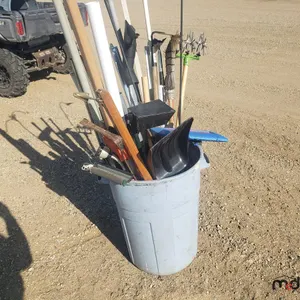 Garbage Bucket w/ Brooms, Shovel, Squidgy Attachment, Misc. Tools & Items 
 UNRESERVED