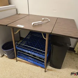 Table w/ Folding Leaf, Food Trays, Bucket, Garbage Bins 
 UNRESERVED