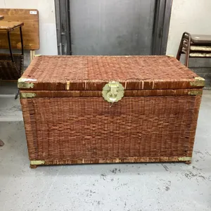 WICKER TRUNK W/ BRASS ACCENTS