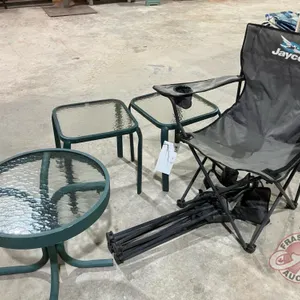(3) small patio tables w/ glass tops, (2) folding camp chairs