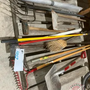 Pallet w/shovels, broom, plastic roll, sledge hammer, ice pic, extension poles, rake, (2) forks, hoe