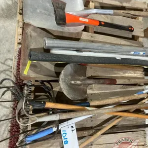 Pallet w/ shovels, broom, axe, extension polies, plastic roll, screen roll, (2) hoes, (1) fork