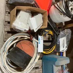 Pallet w/ propane tank + torch, propane hose, (2) RV extension cords, (2) garden hoses, Slow moving sign, rock like speaker, 20L jug, box of RV fittin