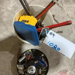 Assorted tools: Pipe wrenches,  Punches,  Vice grip,  Set of allen wrenches,  (3) screw driver sets,  Drill bit set,  Container odds + ends